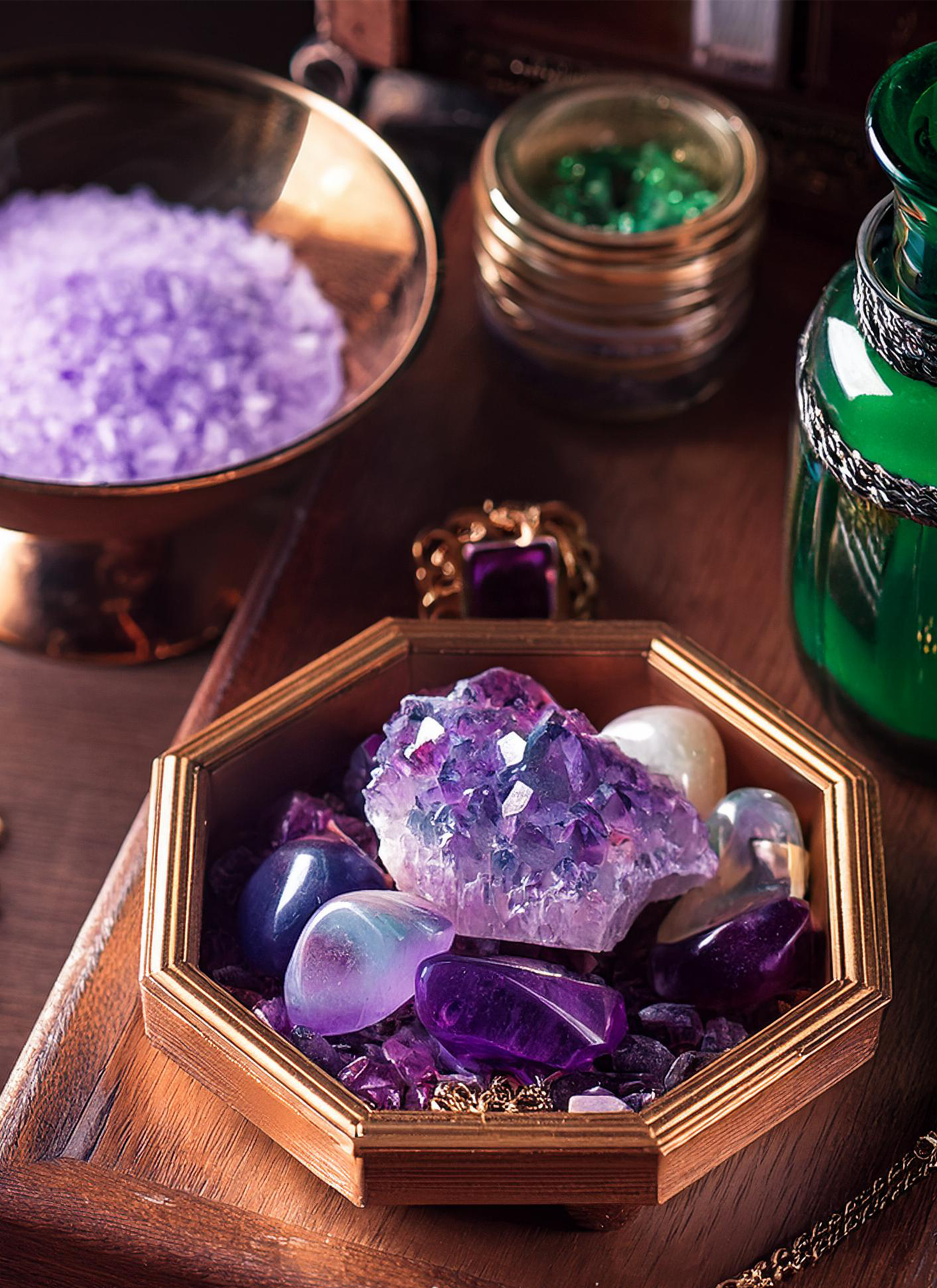 Wild Soul Apothecary Company desk with amethyst and jade.